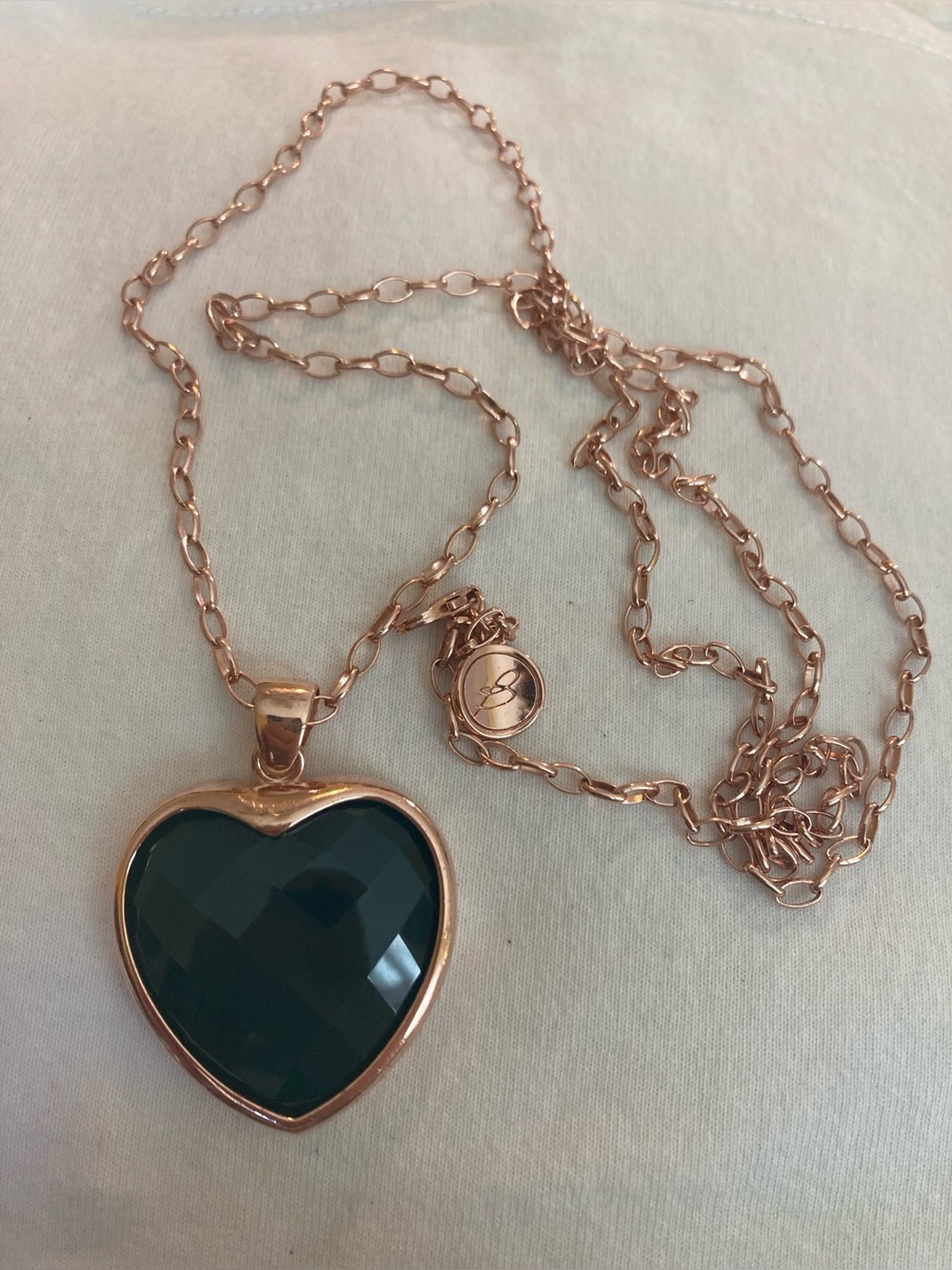 Bronzallure Rose Gold Plated Necklace Faceted Dark Green Heart Pendant
